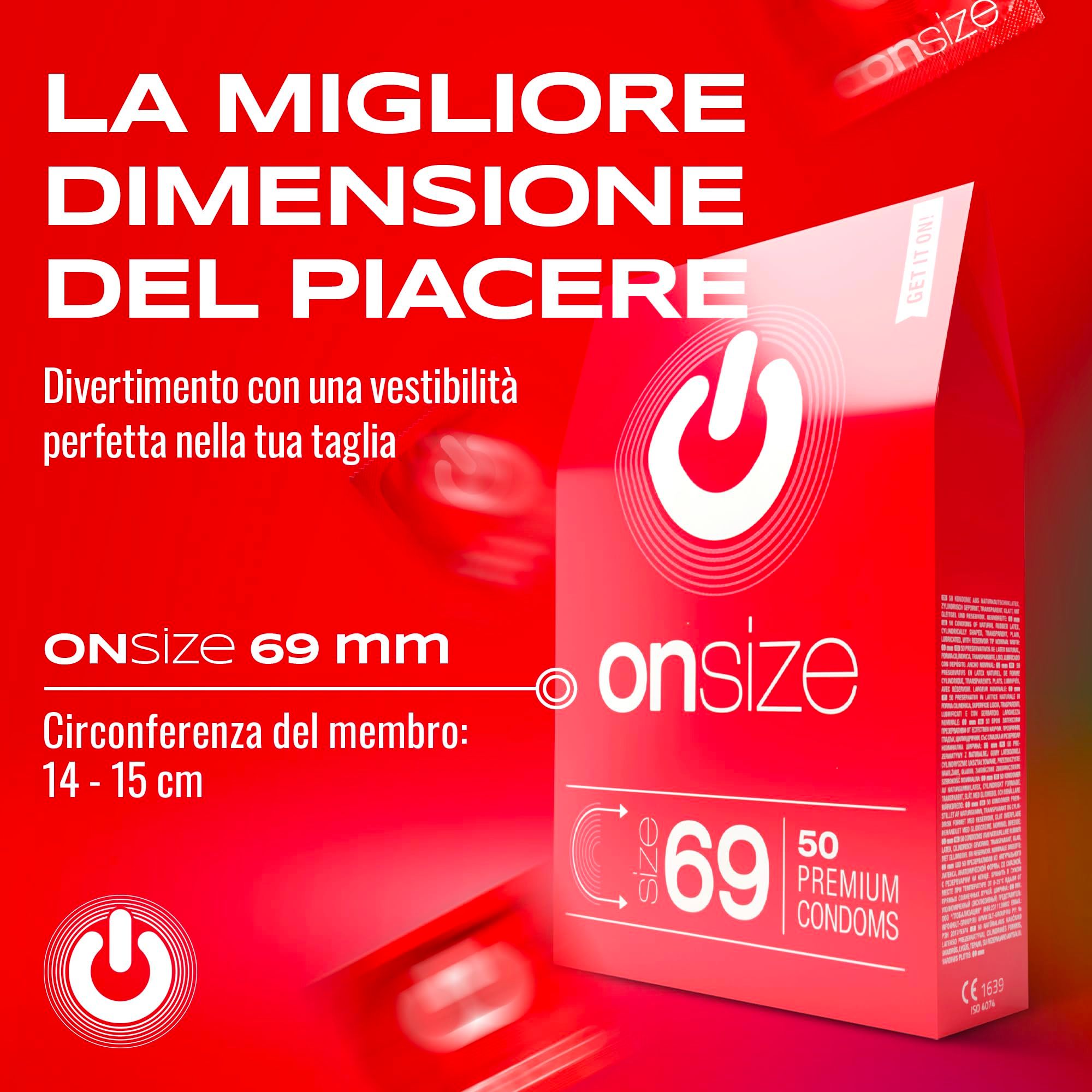 Verpackung ONsize 69 mm, 50 Premium-Kondome. Text: "Die beste Größe für Vergnügen".