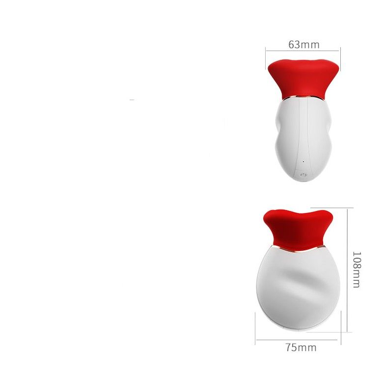 Zwei Ansichten eines weißen, ovalen Geräts mit roter, trichterförmiger Öffnung. Maße: 63x75x108mm.