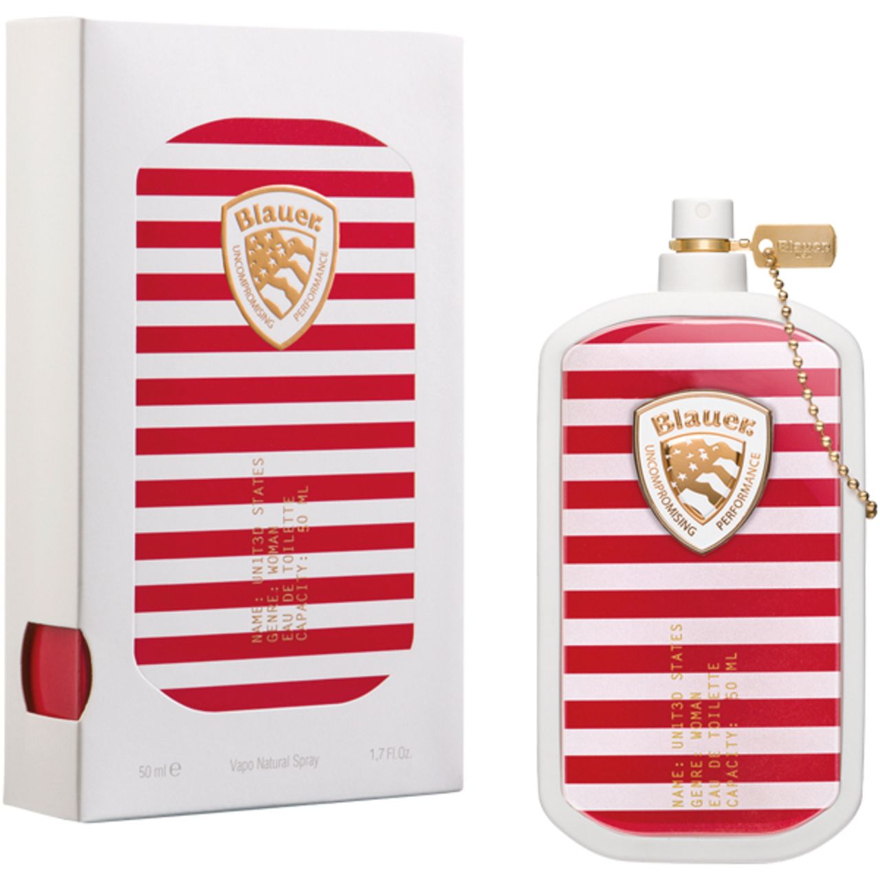 Weiße Verpackung und Flakon mit roten Streifen. Goldfarbenes Logo mit Schriftzug und amerikanischer Flagge. Flakon mit Sprühkopf und Anhänger.