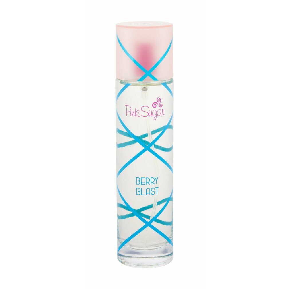 Flacone trasparente con decoro blu e tappo rosa. Scritta: Pink Sugar Berry Blast.