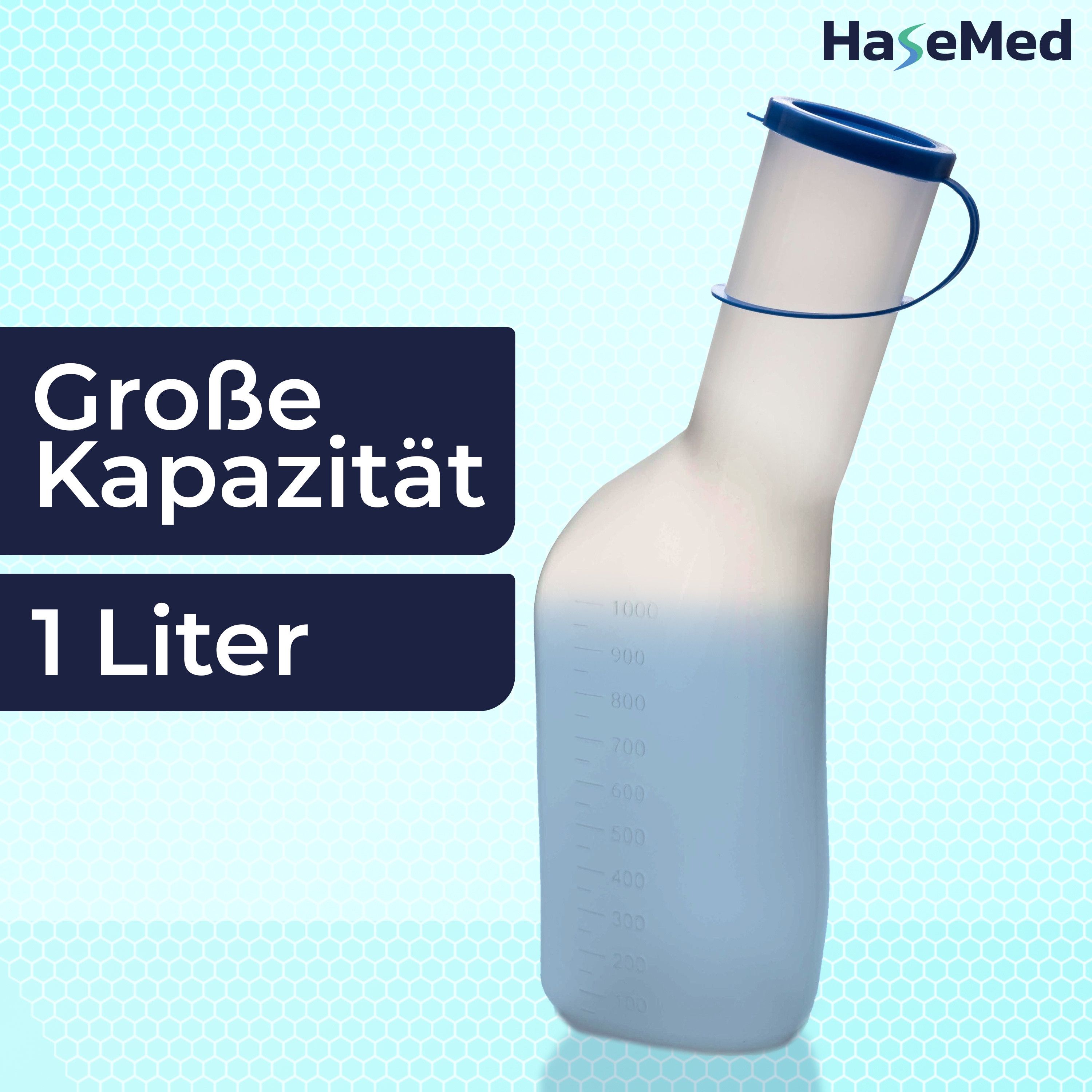 Urinflasche mit blauem Deckel, gefüllt mit Flüssigkeit. Kapazität: 1 Liter. Marke: HaseMed. Text: Große Kapazität.