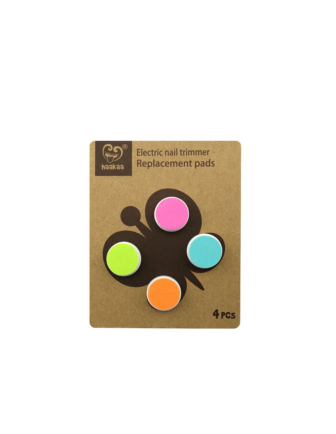 Ersatz-Pads für Nagelpflege Set. Vier farbige, runde Pads auf brauner Karte. Marke Haakaa und Text.