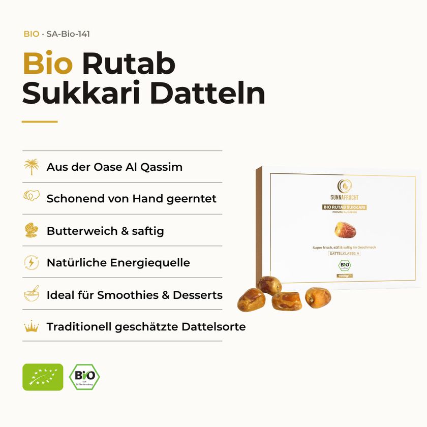 SUNNAFRUCHT® BIO Rutab Sukkari Datteln: Von Hand geerntet, butterweich, saftig, natürliche Energiequelle.