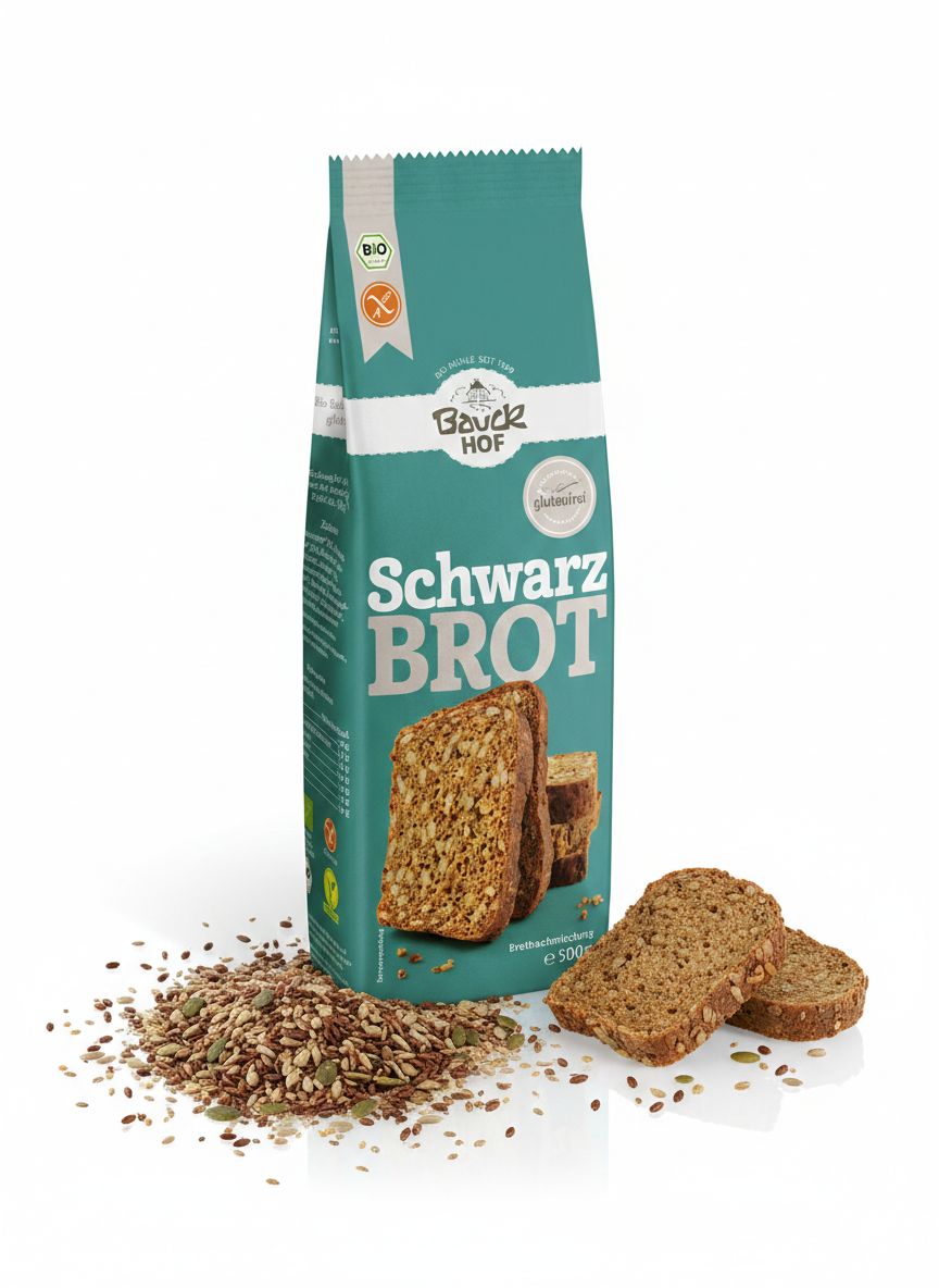 Bauckhof Schwarzbrot Backmischung glutenfrei: Tüte mit Brotscheiben und Saaten.