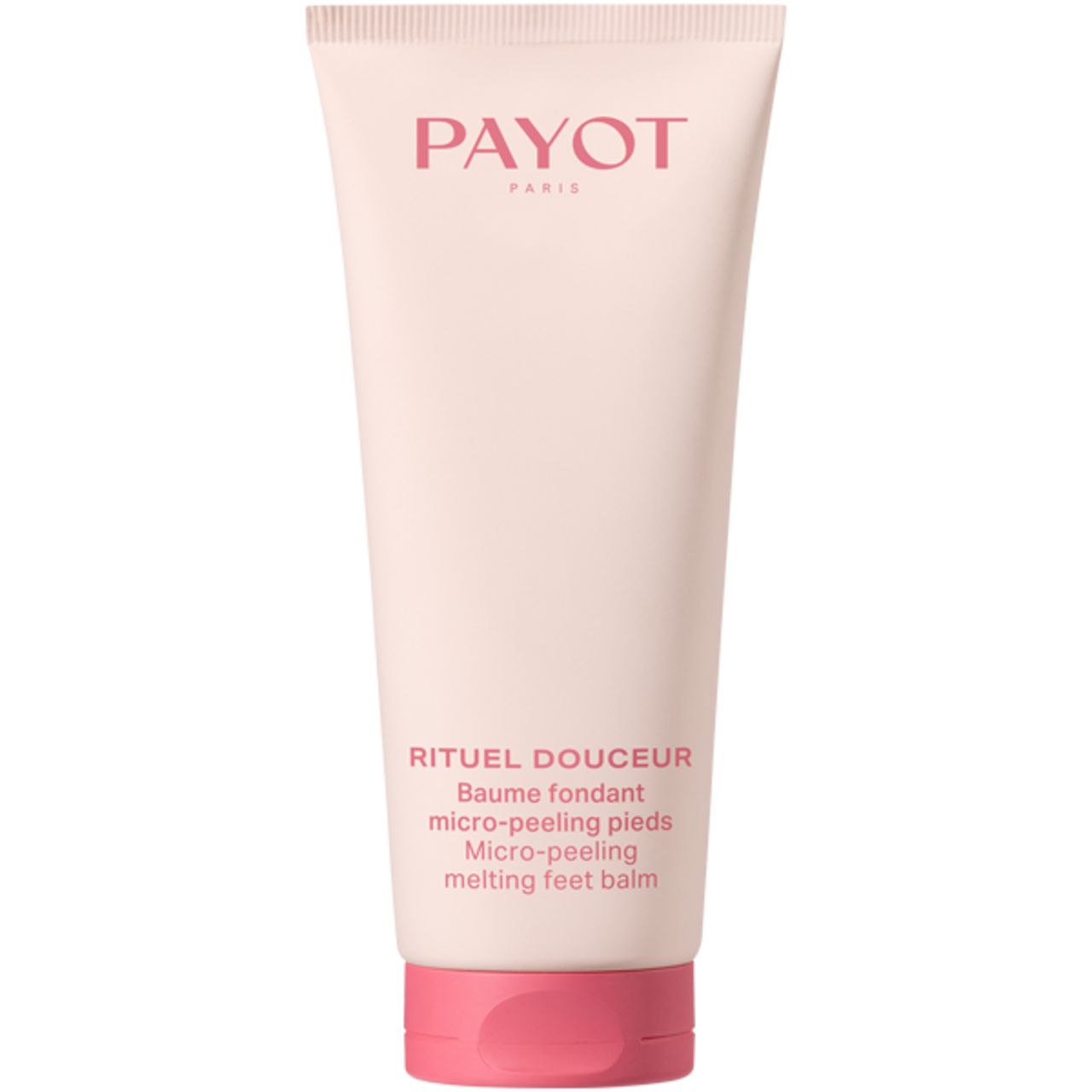 Creme-Tube mit Produktnamen und Schriftzug. Rosa Tube mit rosa Verschluss. Text: PAYOT PARIS, RITUEL DOUCEUR, Micro-Peeling.