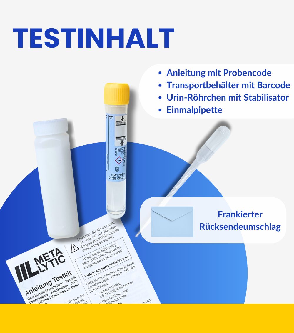 Testinhalt: Anleitung, Probenröhrchen, Pipette und Rücksendeumschlag.