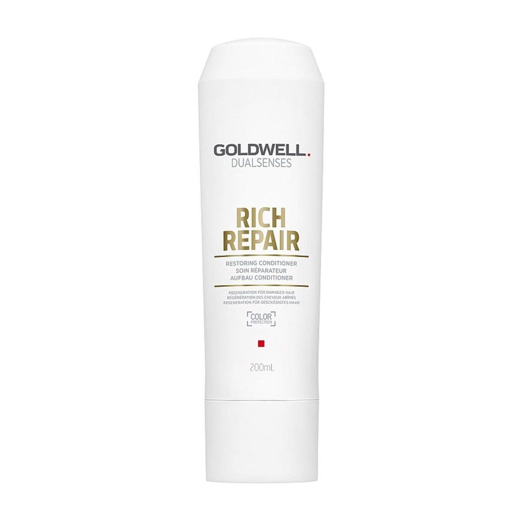 Weiße Flasche Goldwell Dualsenses Rich Repair Conditioner. Text: Rich Repair, Restoring Conditioner, 200ml.