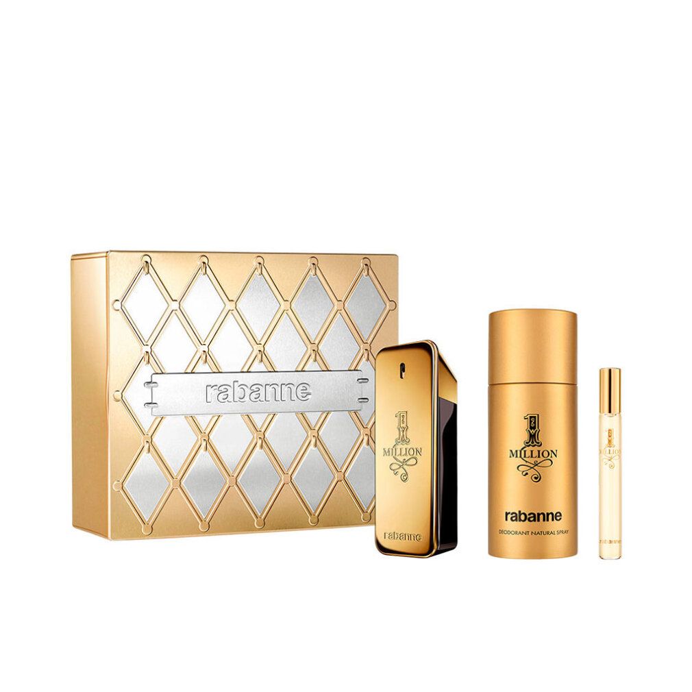 Goldenes Rabanne 1 Million Geschenkset mit Rautenmuster-Box: Eau de Toilette, Deodorant und Reiseflakon.