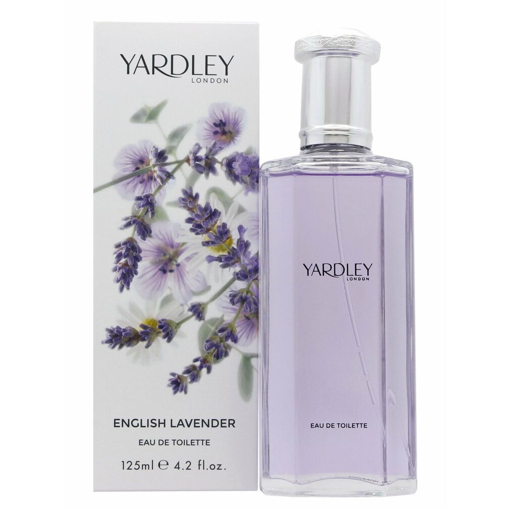 Flakon und Verpackung von Yardley English Lavender Eau de Toilette. Flakon mit silbernem Verschluss, lila Flüssigkeit. Verpackung mit Lavendel-Illustration.