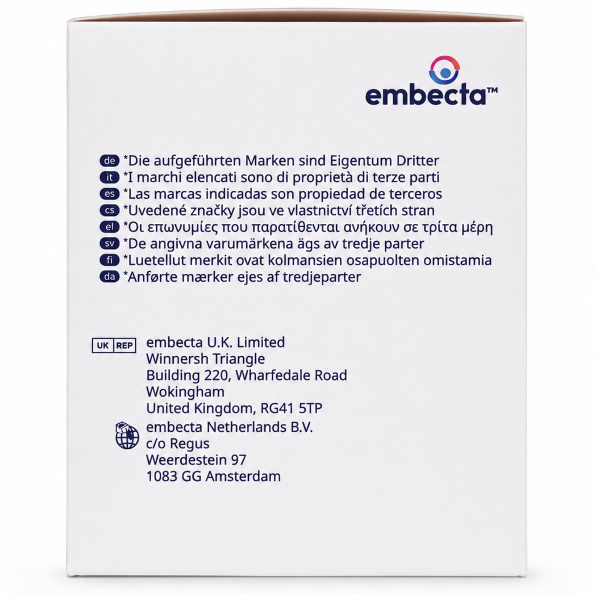 Verpackungstext mit mehrsprachigen Hinweisen und Adressangaben für Embekta U.K. und Embekta Netherlands B.V.