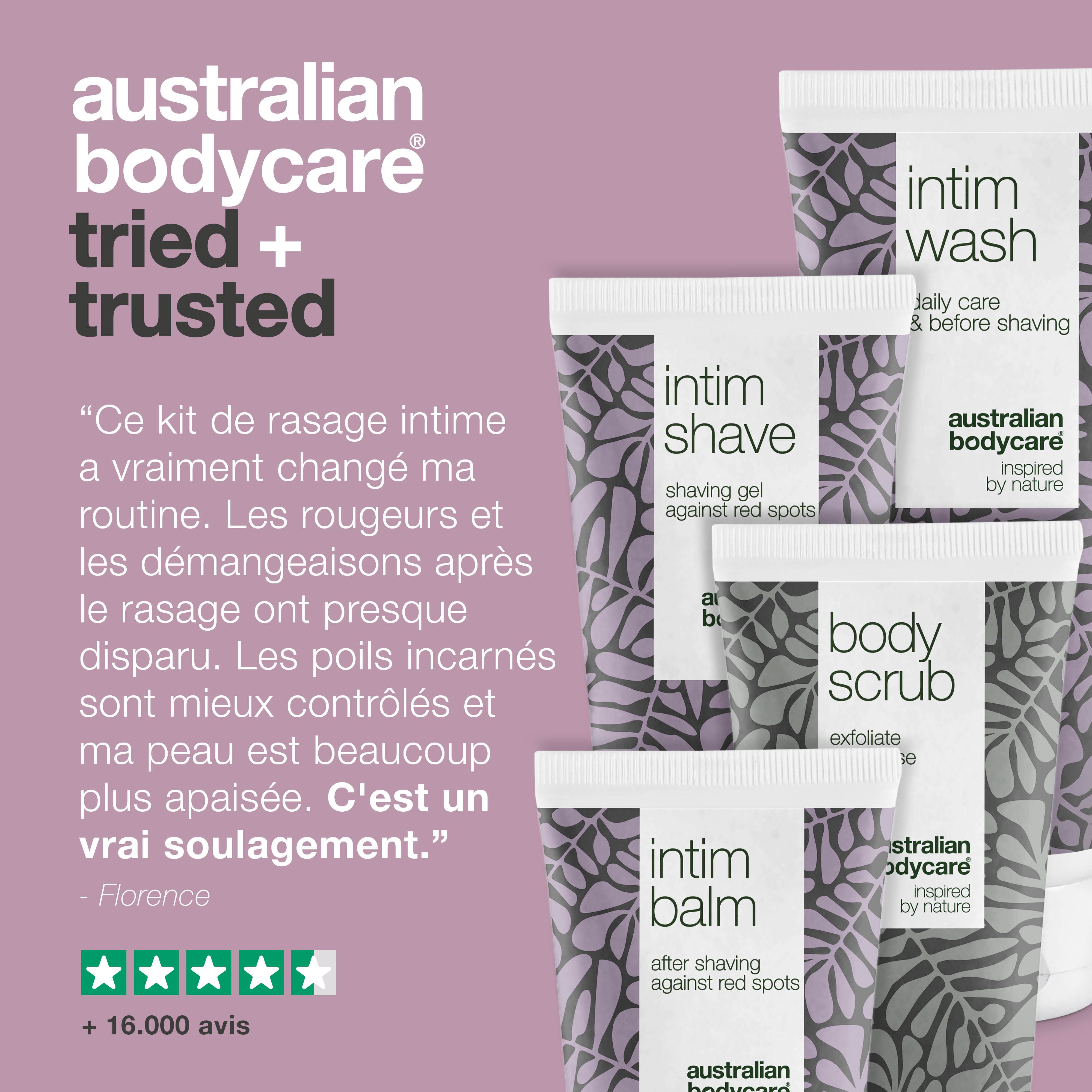 Australian Bodycare : produits éprouvés. Quatre tubes de soins intimes. Citation de Florence. +16 000 avis.