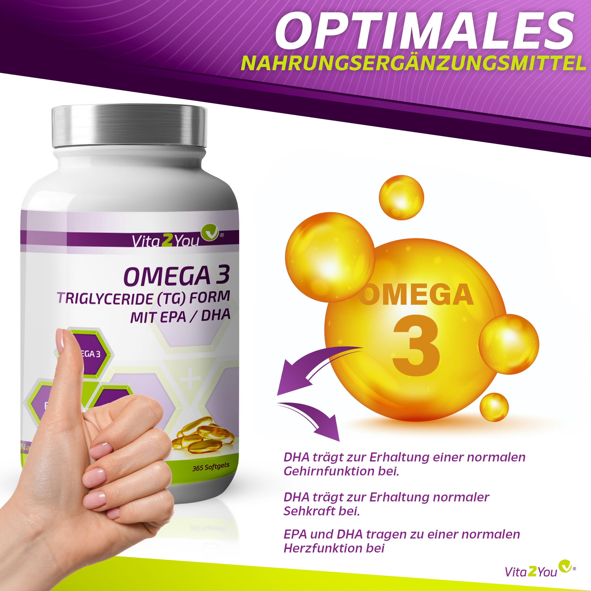 Vita2You Omega 3 - 1000mg - Triglyceride Form - EPA & DHA