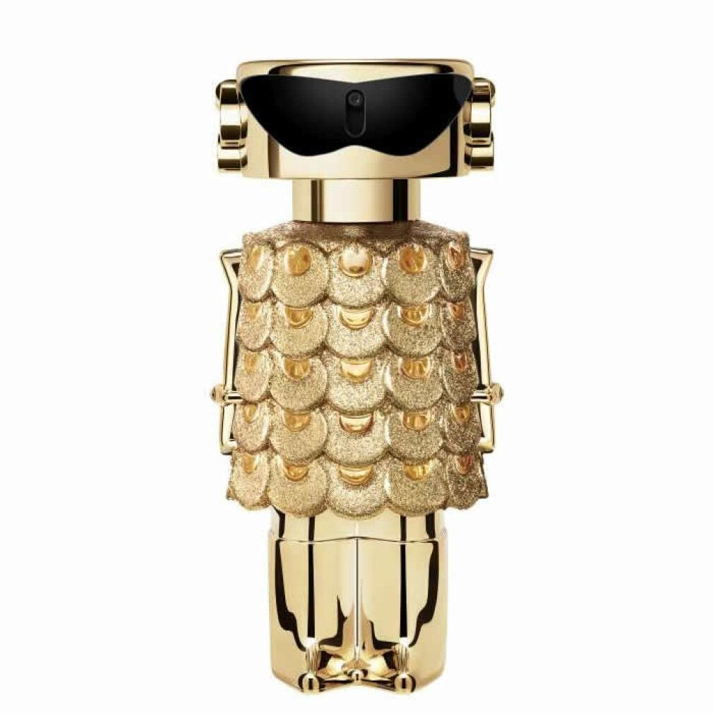 Goldfarbene Flasche in Form einer Figur mit Sonnenbrille. Details: goldene Schuppen, schwarze Sonnenbrille, goldene Kopfhörer. Produkt: Eau de Parfum Intense.