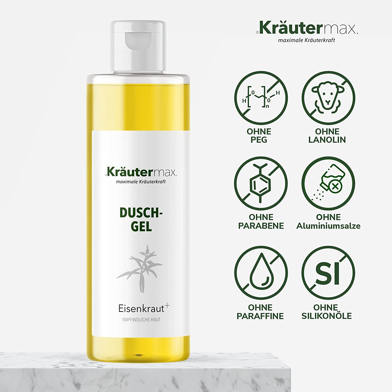 Gelbe Duschgel-Flasche mit weißem Deckel. Etikett mit Text: Kräutermax Duschgel, Eisenkraut+. Symbole: Ohne PEG, Lanolin, Parabene, Aluminiumsalze, Paraffine, Silikonöle.