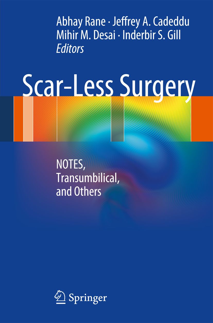 Buchcover mit Titel "Scar-Less Surgery". Autorennamen und Springer-Logo sichtbar. Blauer Hintergrund mit farbigem Streifen.