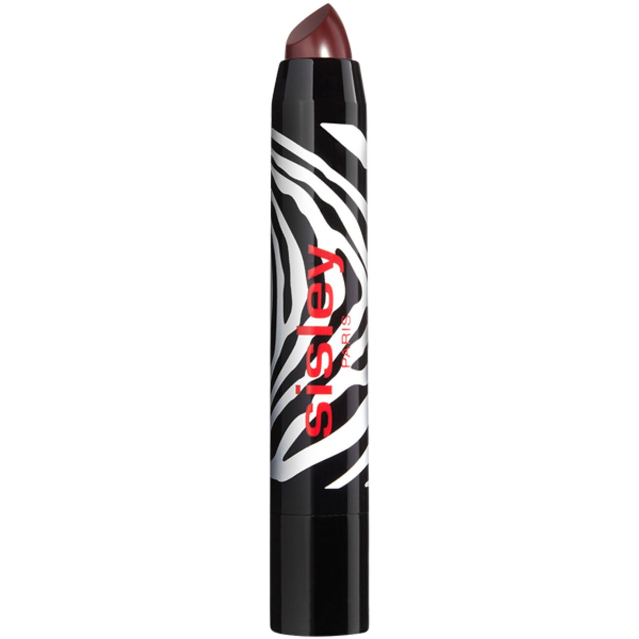Lippenstiftstift mit schwarz-weißem Zebra-Muster und rotem "Sisley Paris"-Schriftzug. Burgunderfarbene Spitze sichtbar.