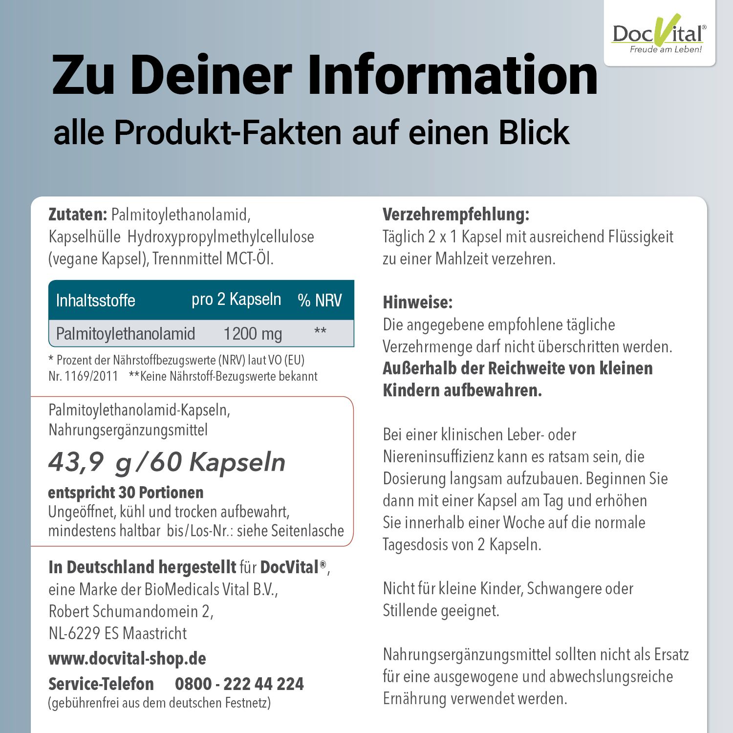 DocVital® PEA Kapseln 1200mg MIKRONISIERT:  Palmitoylethanolamid hochdisiert - PEA Vital 600