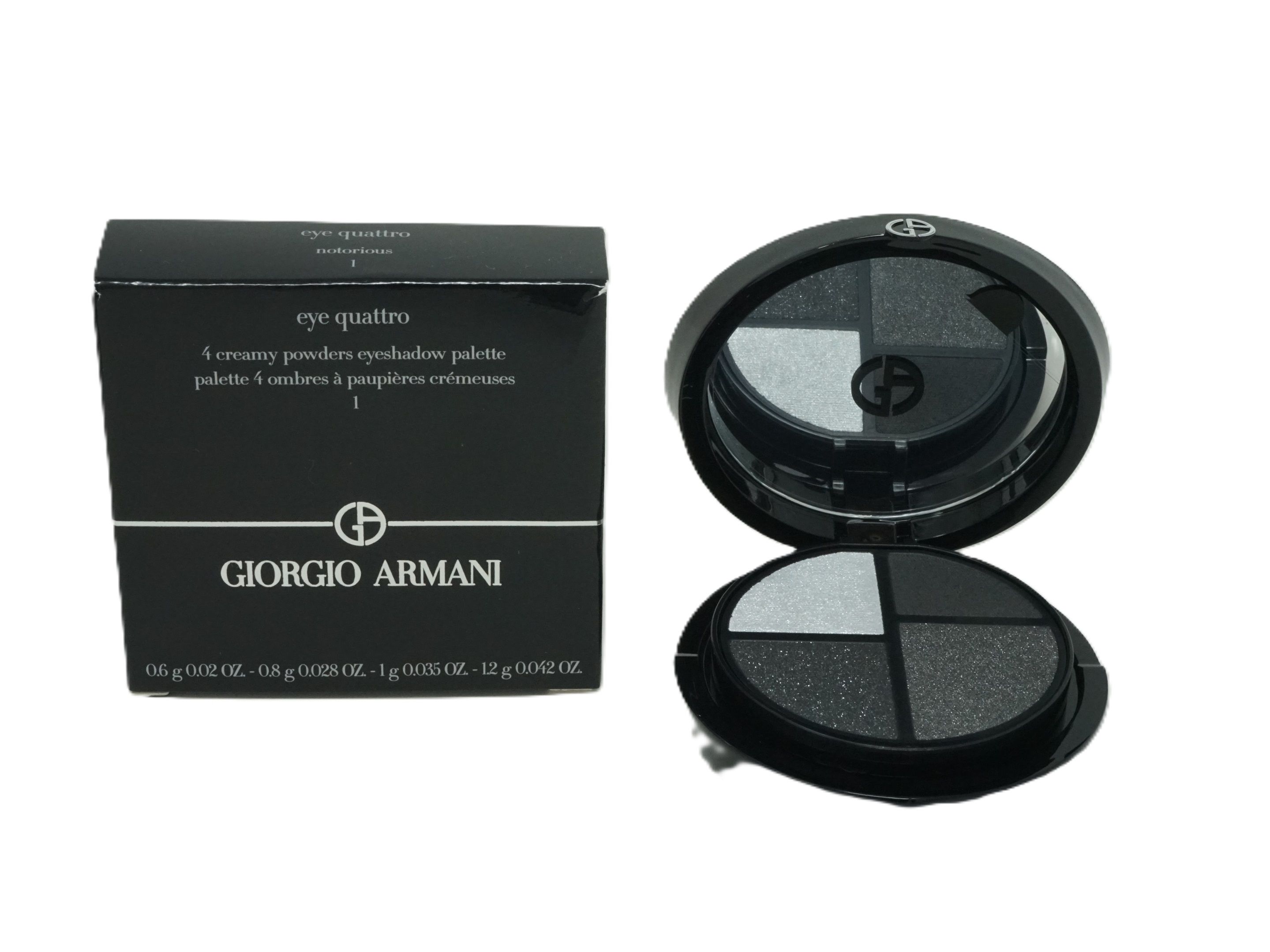Schwarze Giorgio Armani Eye Quattro Lidschatten-Palette mit vier Farbtönen. Schwarze Verpackung mit Markenlogo.