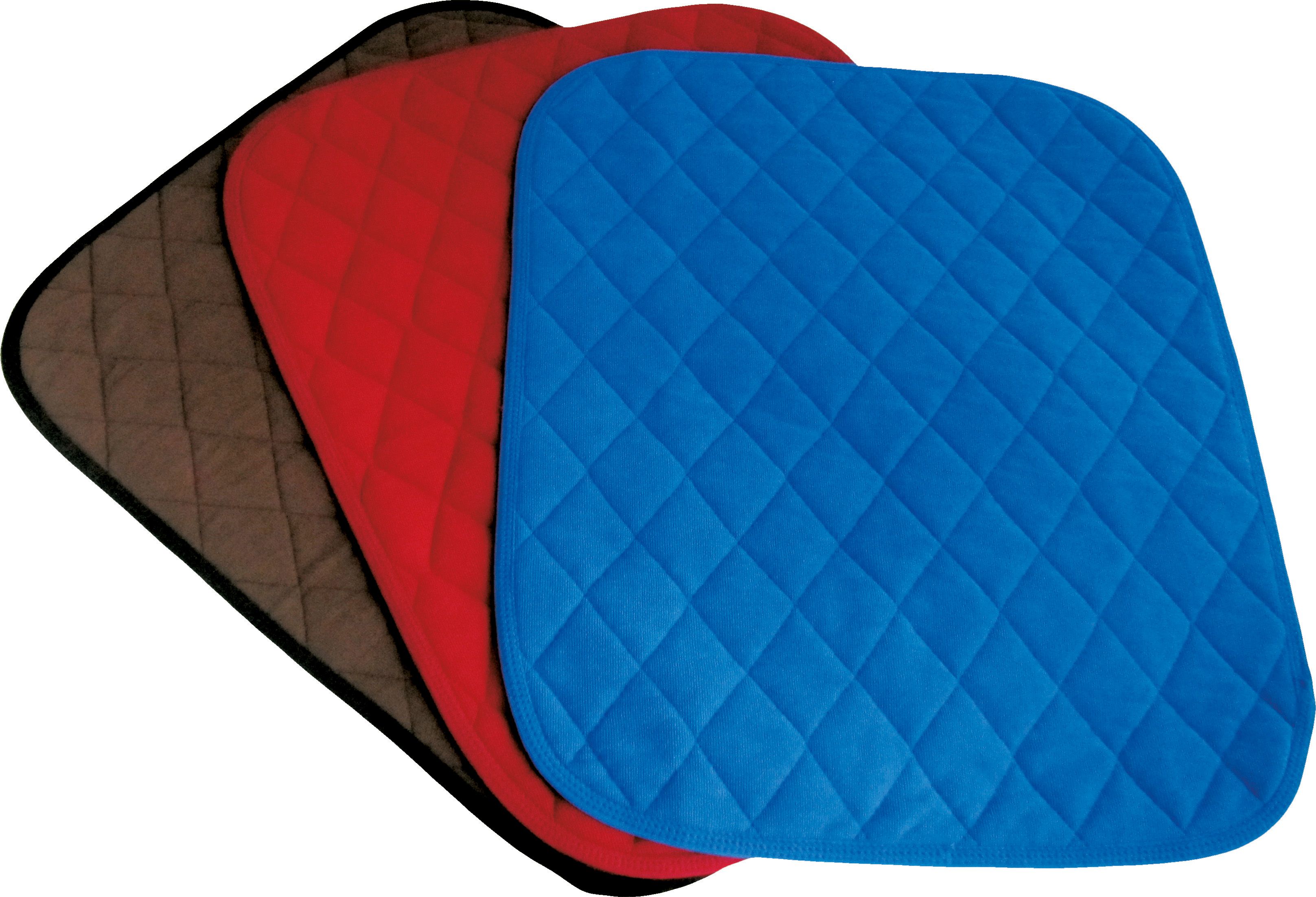 Mehrere farbige Inkontinenz-Schutzauflagen. Quadratische Form, gesteppte Oberfläche. Farben: Braun, Rot, Blau.