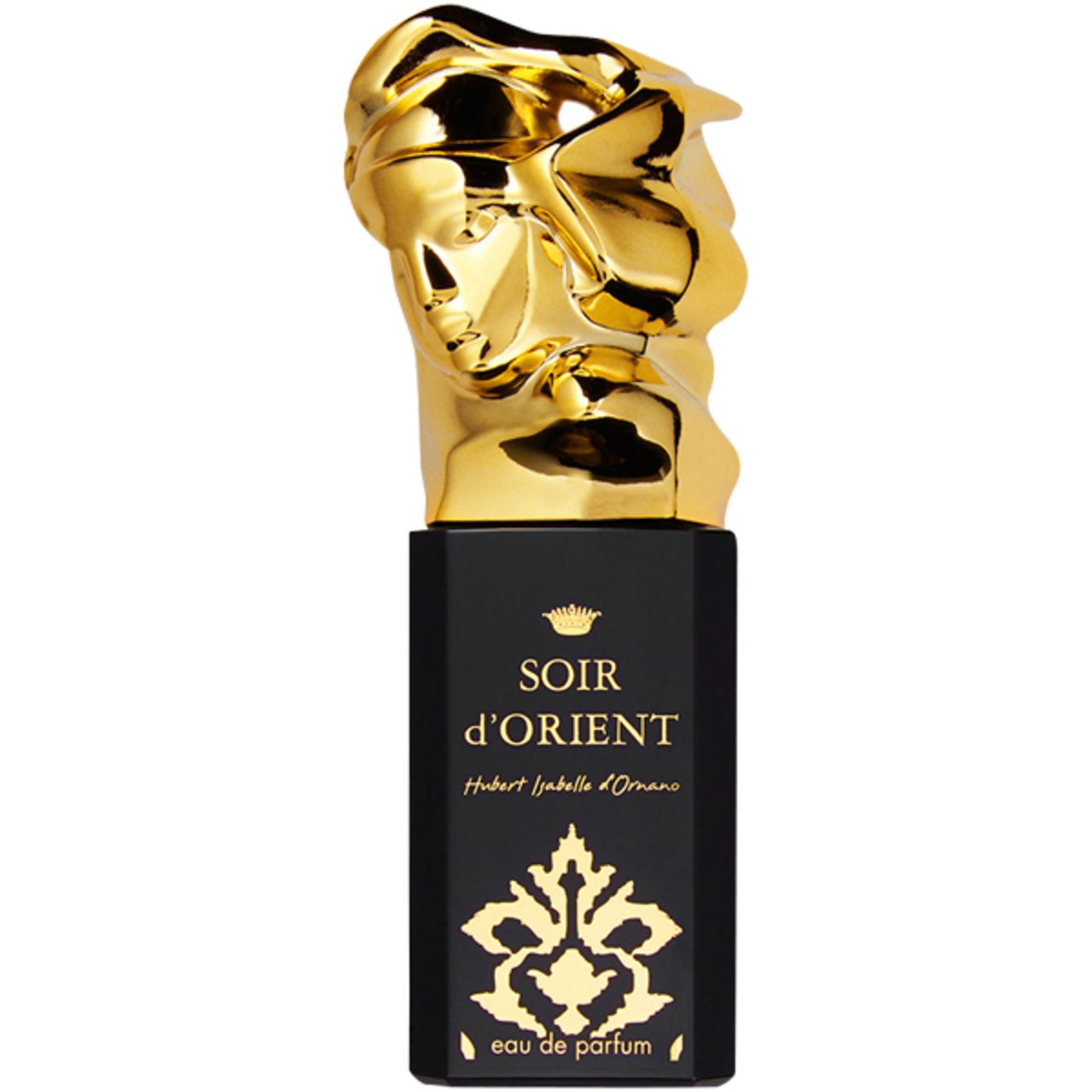Schwarzer Flakon mit goldfarbenem Kopfaufsatz. Aufschrift: Soir d'Orient, Hubert Isabelle d'Ornano. Eau de Parfum.