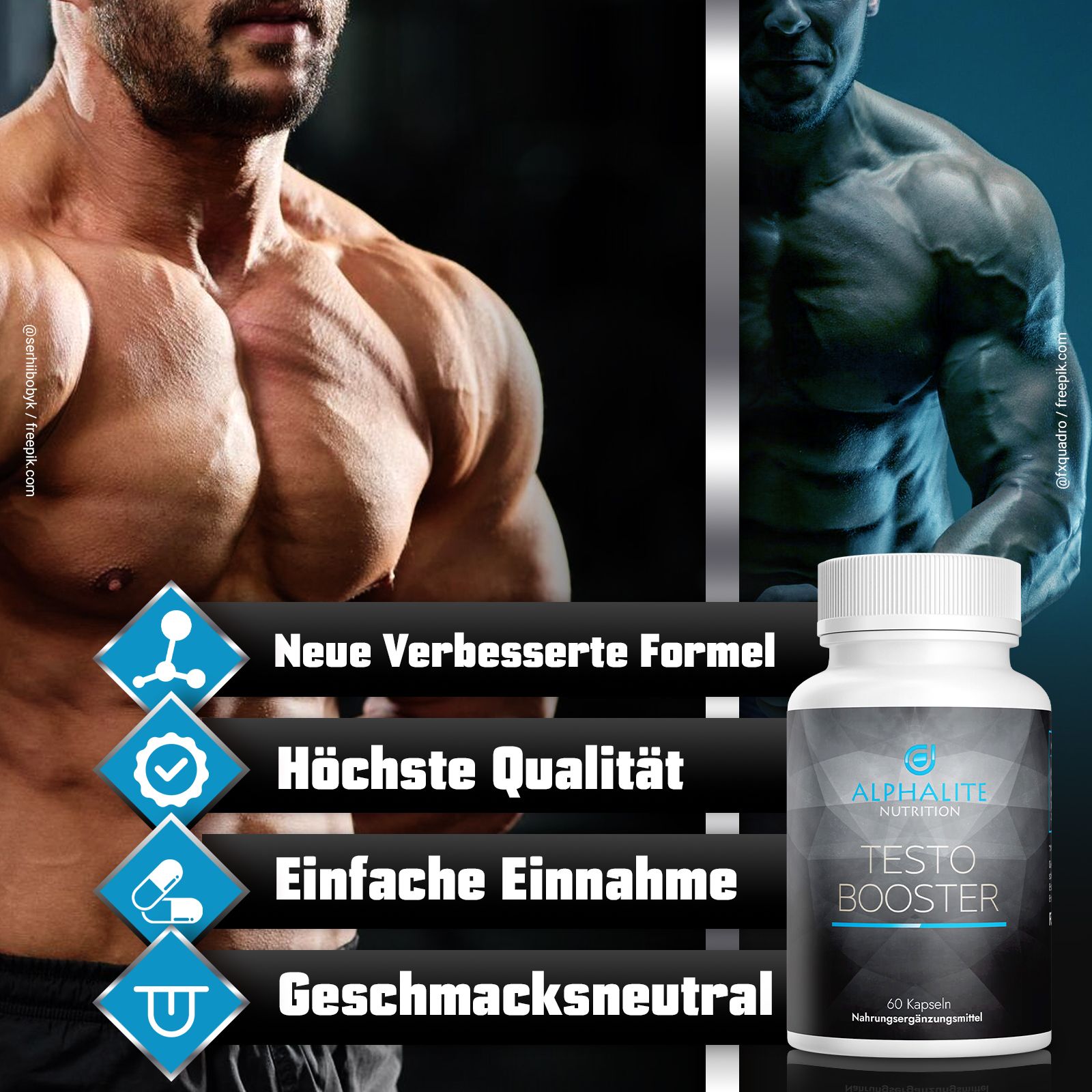 Weiße Flasche Alphalite Nutrition Testo Booster. Aufschrift: 60 Kapseln Nahrungsergänzungsmittel. Text: Neue verbesserte Formel, höchste Qualität.
