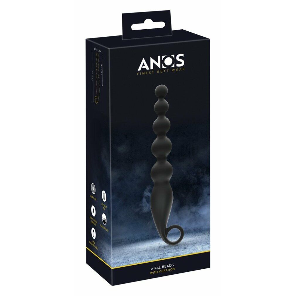 Schwarze Analperlen mit Vibration in einer schwarzen Verpackung. Aufschrift: ANOS, Finest Butt Wear. Text: Anal Beads with Vibration.