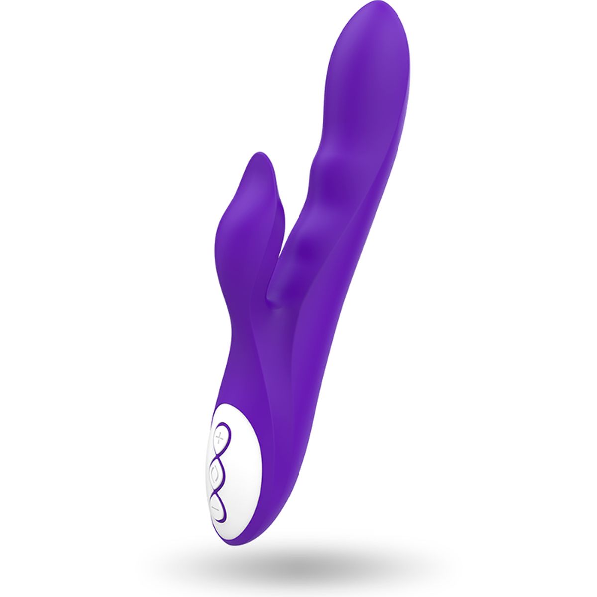 Lila Vibrator mit Hasenohren-Design. Weißes Bedienfeld mit drei Symbolen. Seitliche Ansicht.