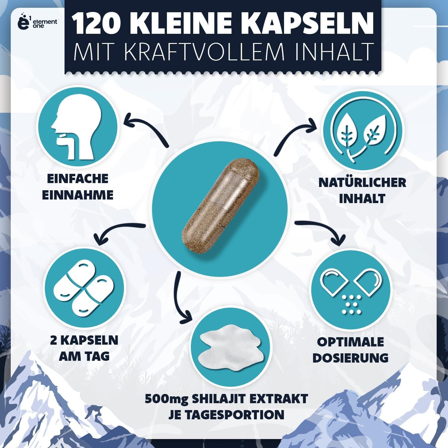 Grafik mit brauner Kapsel, umgeben von Icons. Text: 120 kleine Kapseln. Icons: einfache Einnahme, natürliche Inhaltsstoffe, optimale Dosierung.