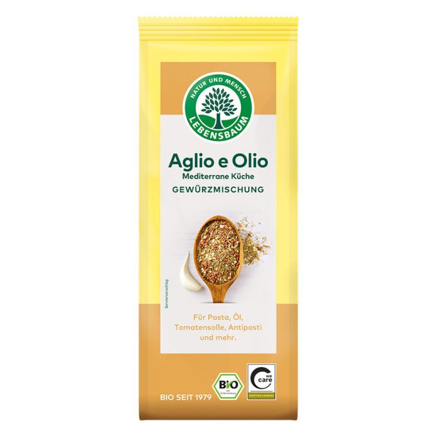 Gelbe Verpackung mit Aufdruck. Aglio e Olio Gewürzmischung. Bio-Siegel. Logo mit Baum. Text: Mediterrane Küche. Für Pasta, Öl, Tomatensauce, Antipasti.