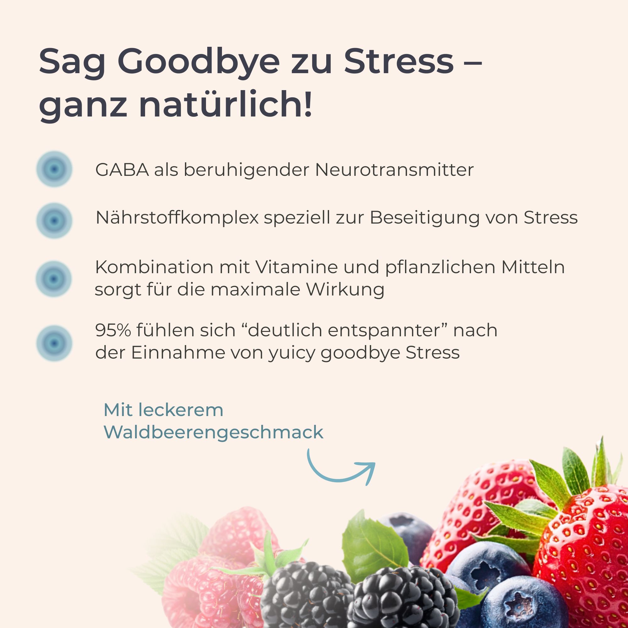 Text: Sag Goodbye zu Stress - ganz natürlich! GABA, Nährstoffkomplex, Vitamine, 95% entspannter.