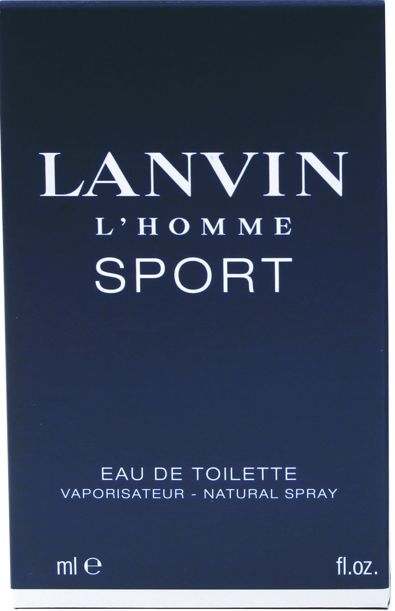 Dunkelblaue Schachtel mit weißer Schrift. Aufschrift: LANVIN L'HOMME SPORT. Eau de Toilette.
