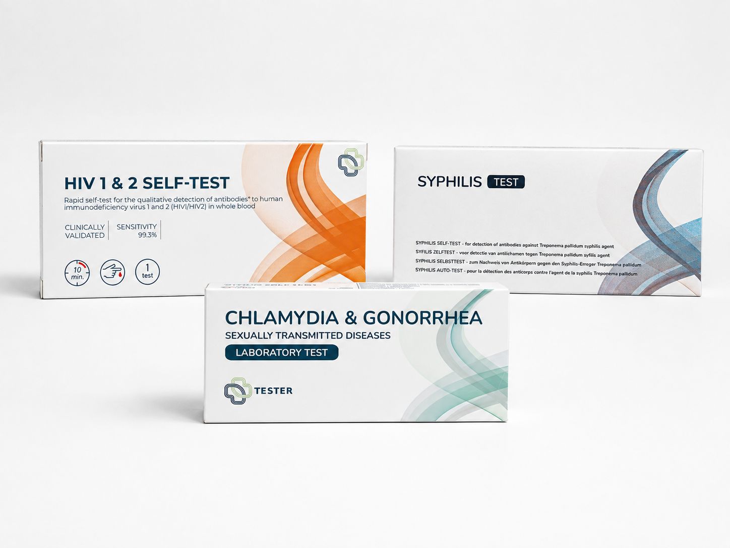 Drei Testkits für sexuell übertragbare Krankheiten: HIV, Syphilis, Chlamydien & Gonorrhöe.