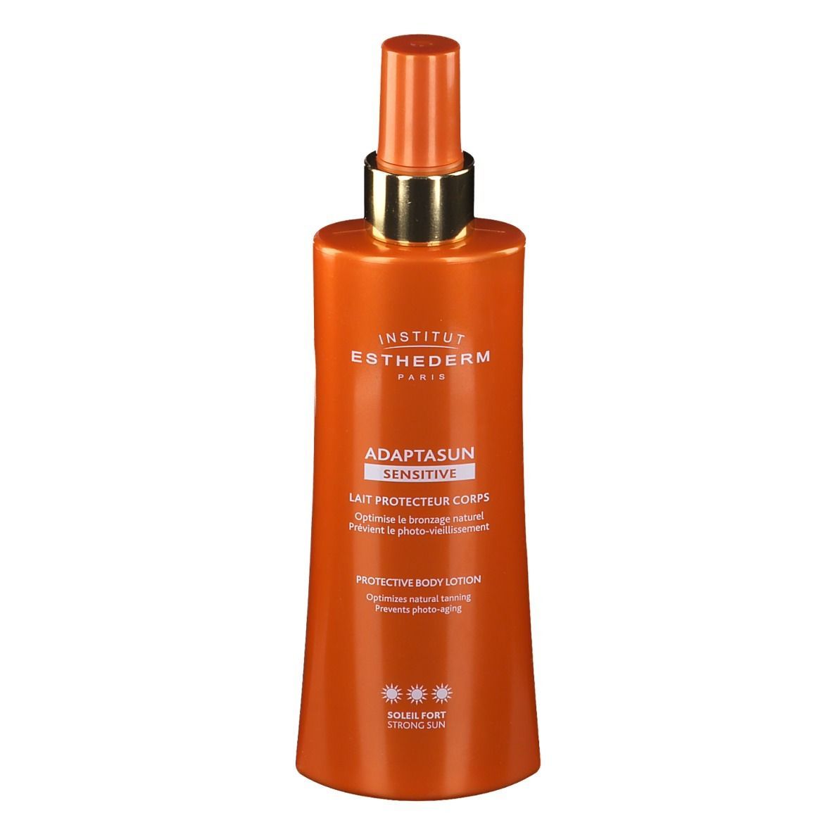Flacon orange avec vaporisateur. Inscriptions: INSTITUT ESTHEDERM, Adaptasun Sensitive, Lait Protecteur Corps, Soleil Fort. Vaporisateur doré.