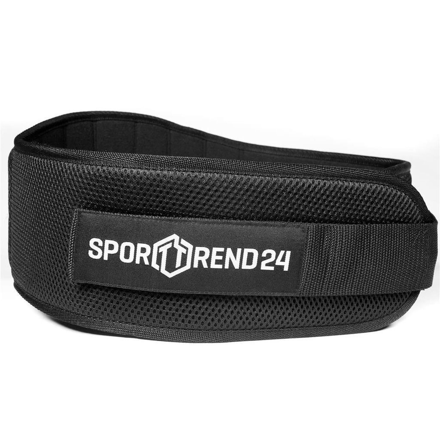 Schwarzer Gewichthebergürtel mit Logo. Mesh-Material, Klettverschluss. Marke: Sporttrend24.