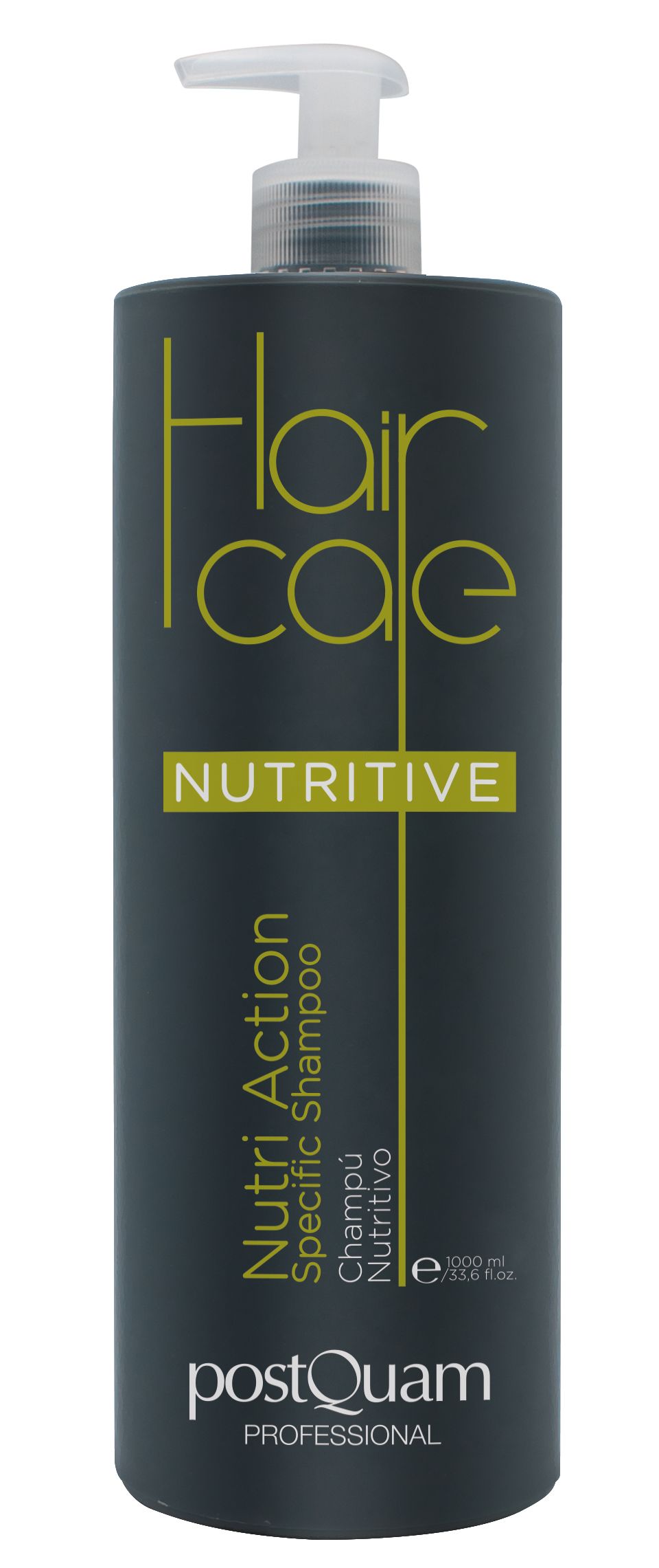 Dunkelgraue Shampoo-Flasche mit weißem Spender. Aufschrift: Hair Care Nutritive, Nutri Action Specific Shampoo, postQuam Professional.