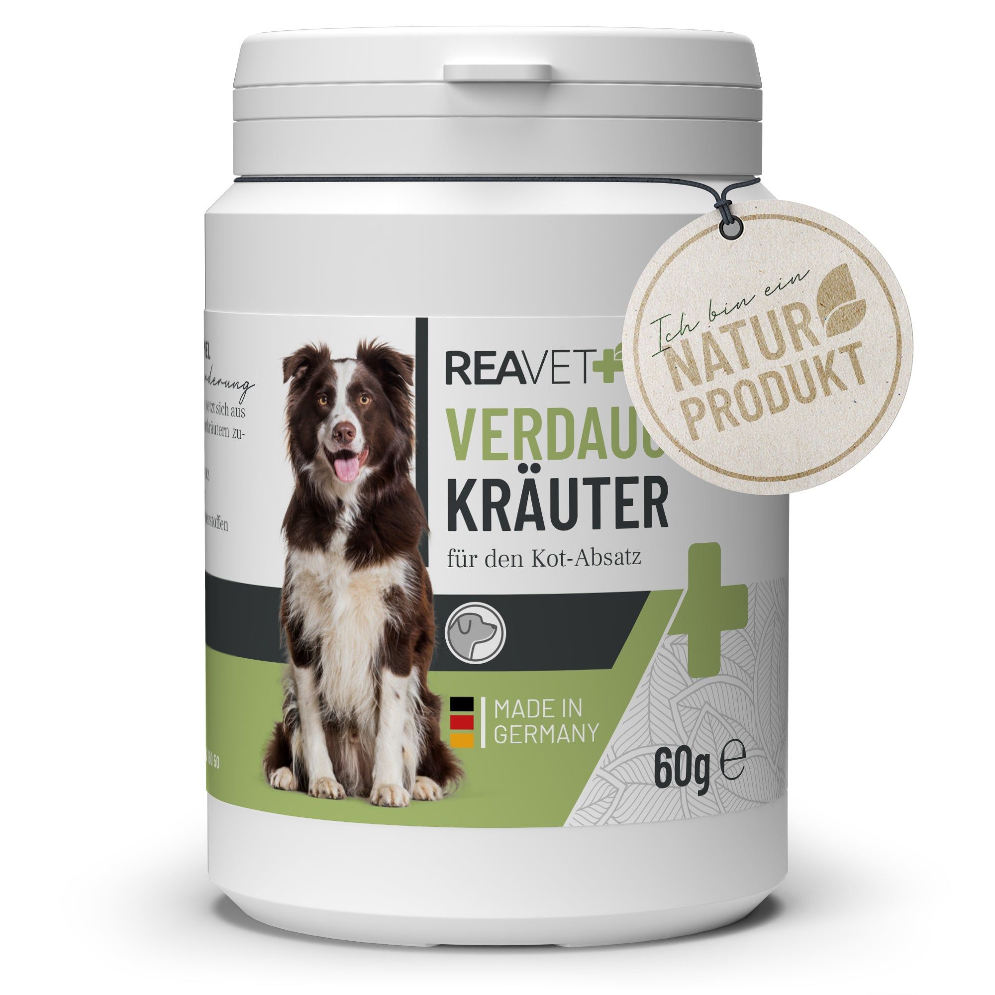 Weißer Behälter mit Deckel. Aufkleber mit Produktname, Hund, Logo und Text. Anhänger mit "Naturprodukt".