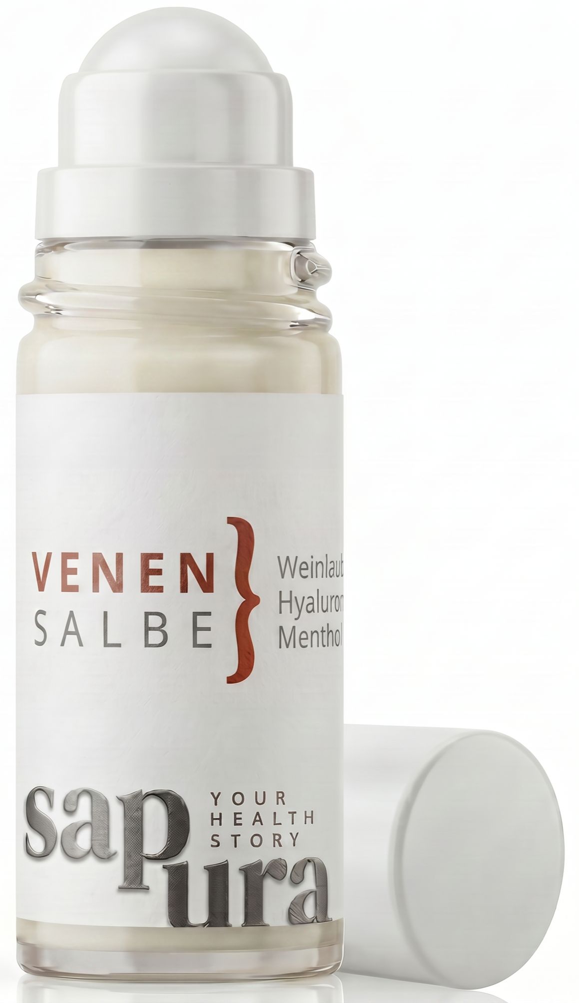 Venensalbe Roll-On mit rotem Weinlaub. Weißer Behälter mit Roll-On-Applikator und abnehmbarem Deckel. Beschriftung zeigt 'sapura'.