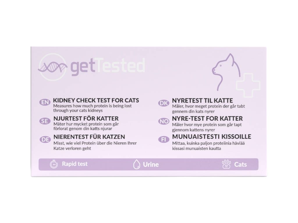 GetTested Nierentest für Katzen. Verpackung mit Text in mehreren Sprachen. Enthält Informationen zum Test und eine Katzen-Illustration.