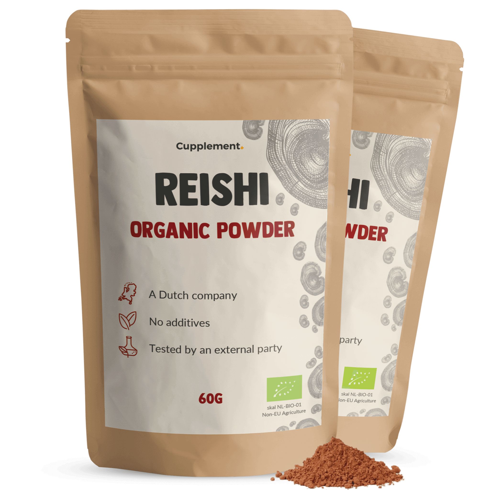 Zwei Beutel Reishi-Pulver. Aufschrift: Reishi Organic Powder. 60g. Zertifizierung.