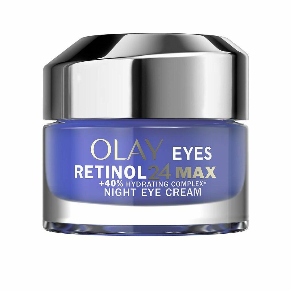 Blaues Cremeglas mit silbernem Deckel. Aufschrift: Olay Eyes Retinol 24 Max Night Eye Cream.