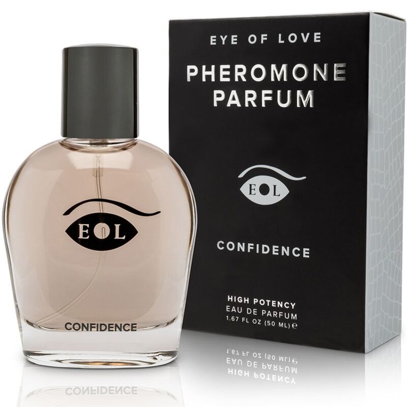 Parfümflakon neben einer schwarzen Box mit "EYE OF LOVE PHEROMONE PARFUM" Aufschrift.