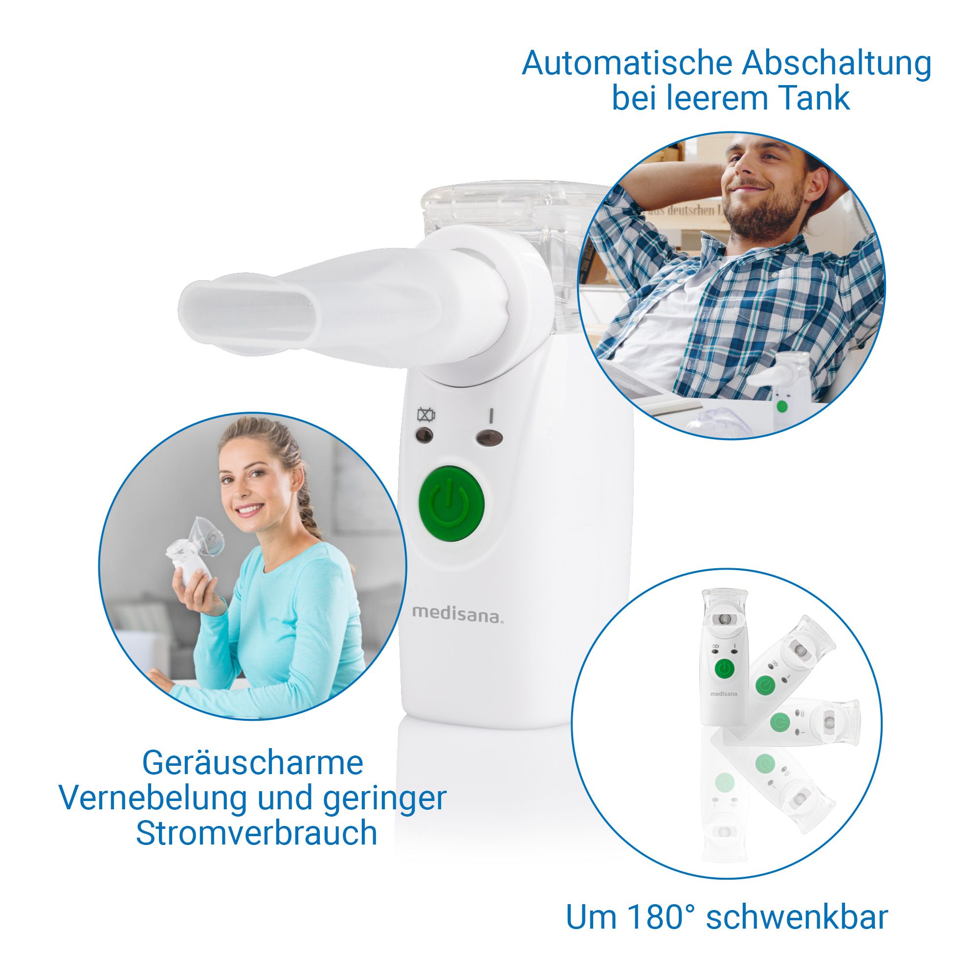 Ultraschall-Inhalator mit Masken, Frau, Mann und schwenkbarem Gehäuse.