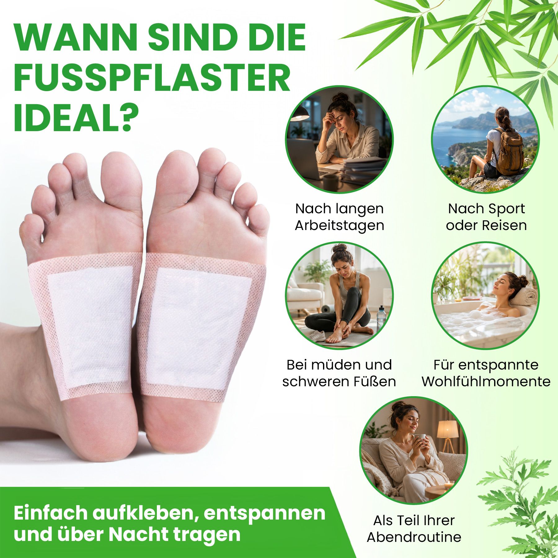 Fußpflaster auf den Fußsohlen, umgeben von Bildern, die verschiedene Anwendungsszenarien zeigen.
