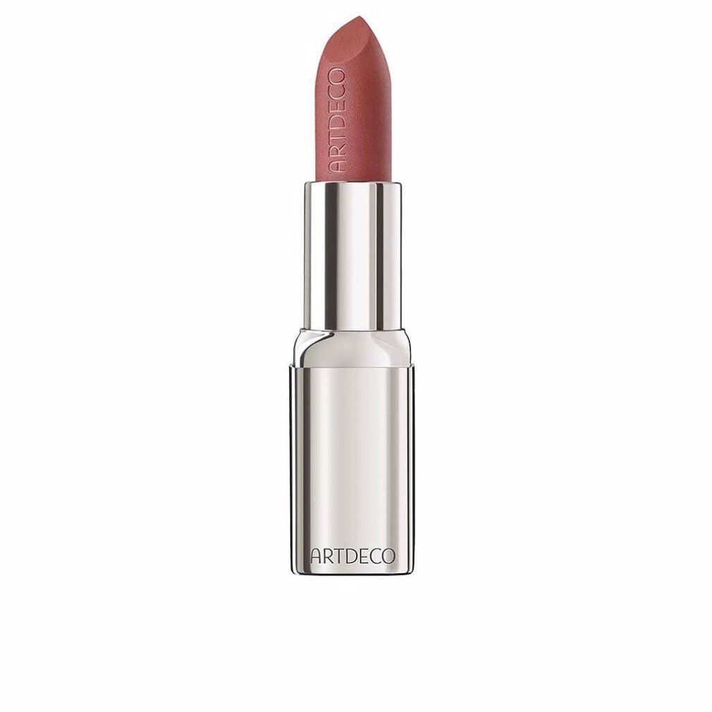 Lippenstift, mattes Terracotta. Silberfarbene Hülse, Marke ARTDECO. Aufschrift auf dem Lippenstift.