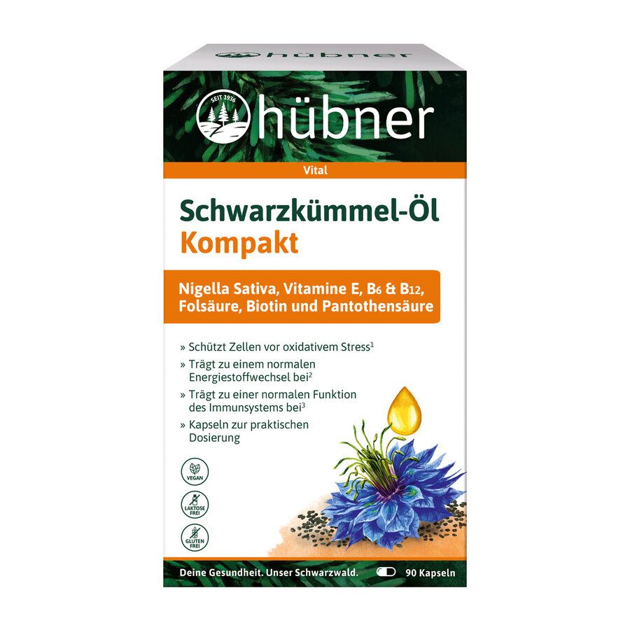 Verpackung von Hübner Schwarzkümmel-Öl Kompakt. Enthält Kapseln. Aufschrift: Schwarzkümmel-Öl Kompakt, Nigella Sativa, Vitamine, Folsäure, Biotin.