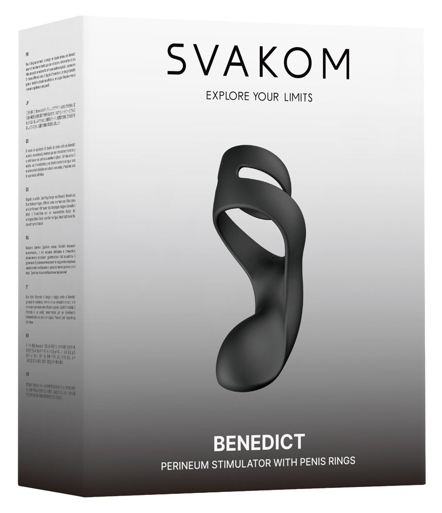 Verpackung von Svakom Benedict. Schwarzer Stimulator abgebildet. Text: Svakom, Explore Your Limits, Benedict, Perineum Stimulator with Penis Rings.