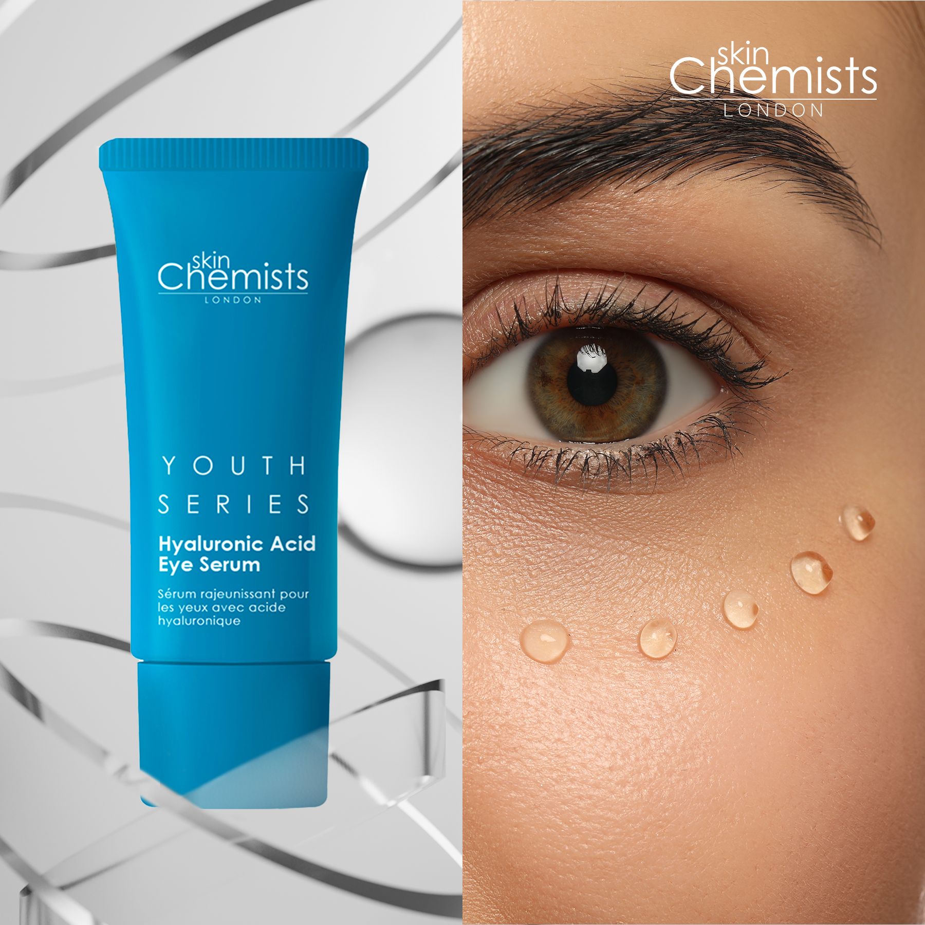 Blaues Tube mit "skinChemists" und "Youth Series Hyaluronic Acid Eye Serum" neben Auge mit Tropfen.