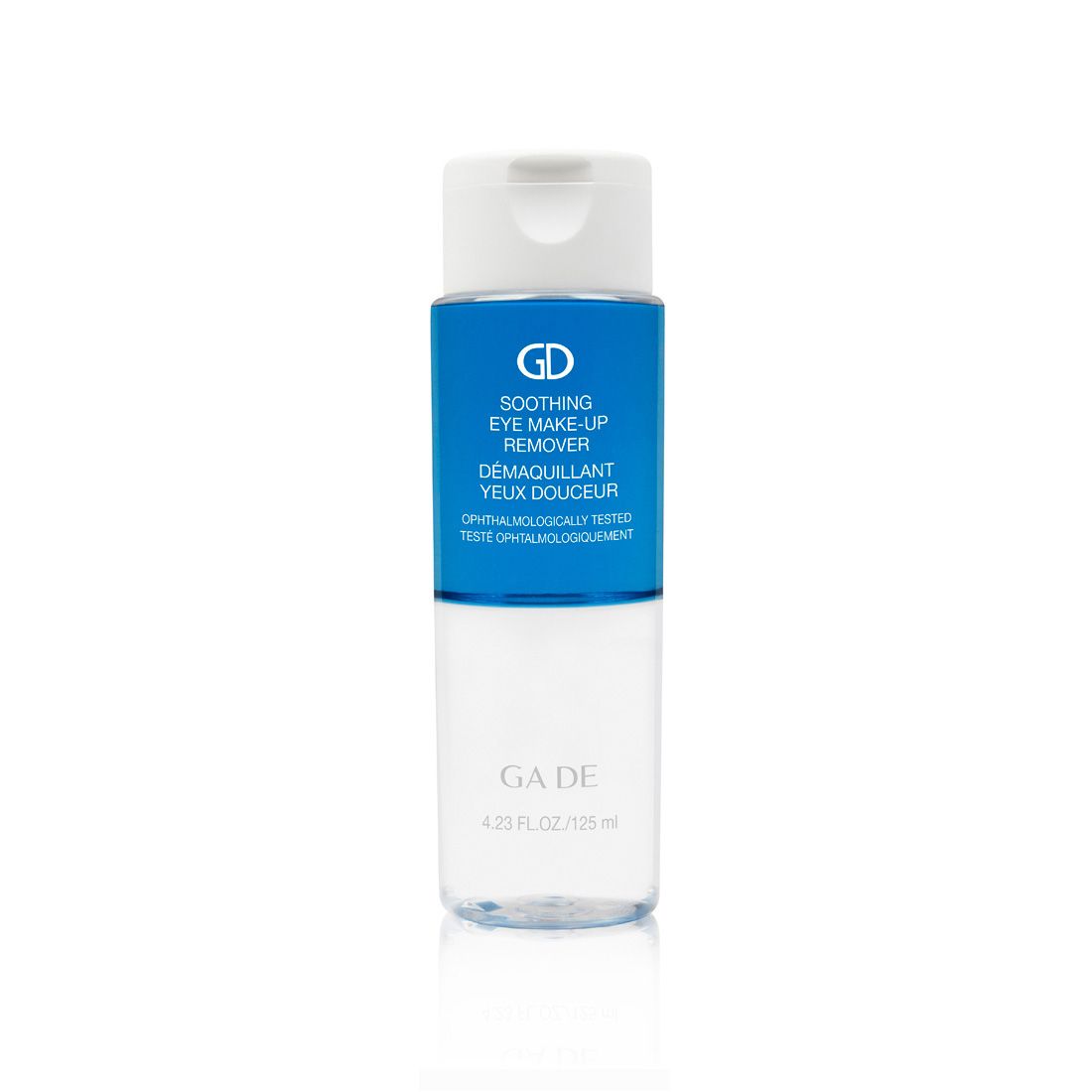 Augen-Make-up-Entferner von Ga-De. Flasche mit blauem Etikett und weißem Deckel. Text: Soothing Eye Make-Up Remover, Démaquillant Yeux Douceur.