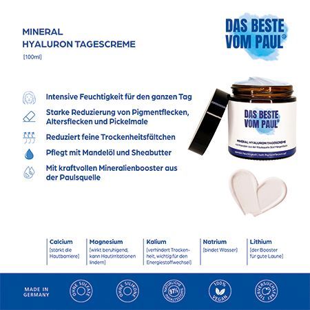 Produkt mit Text. Dose, Deckel, Creme. Aufschrift: Das Beste vom Paul. Text über Inhaltsstoffe.