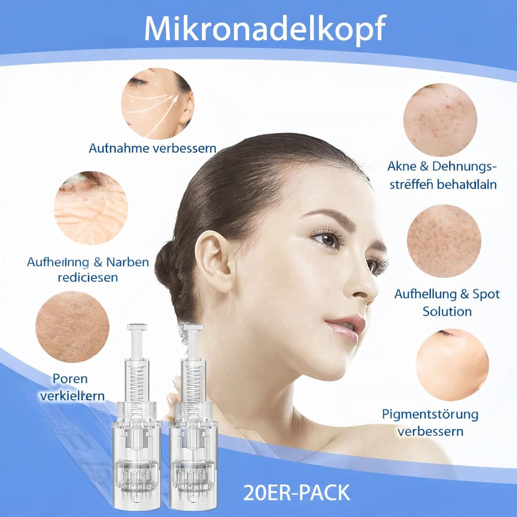 Mikronadelkopf-Packung mit zwei Einheiten. Grafiken zeigen Hautverbesserungen. Text: '20ER-PACK'.